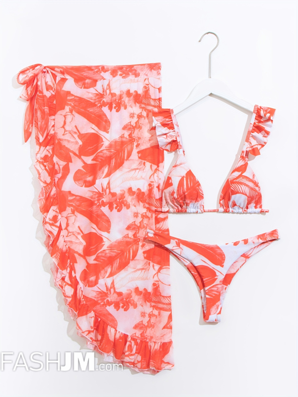  3-piece two-piece Women Plants Print Ruffled Bikini Set image3